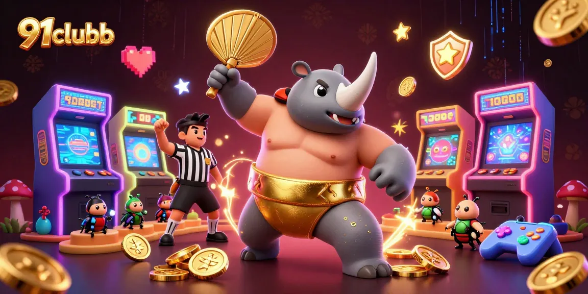 Experience thrilling gameplay with 91clubb as a rhinoceros beetle champion stomps golden coins in this 3D illustration.