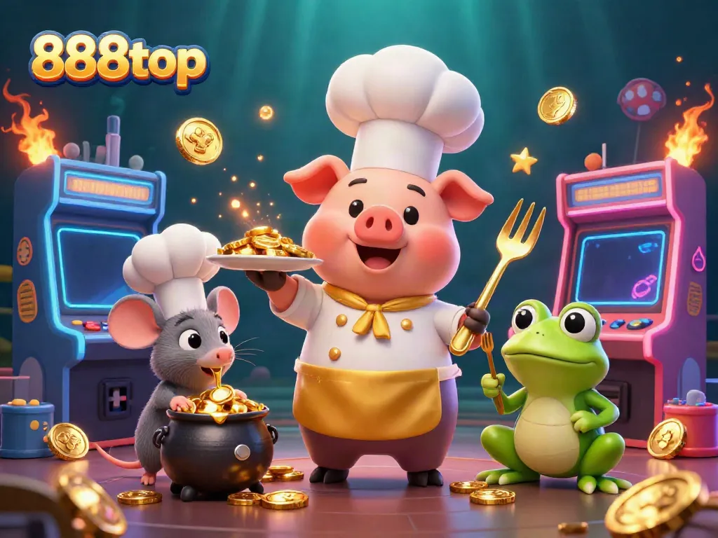 Chef pig serves gold coins in a vibrant, animated scene highlighting 888top casino gaming.