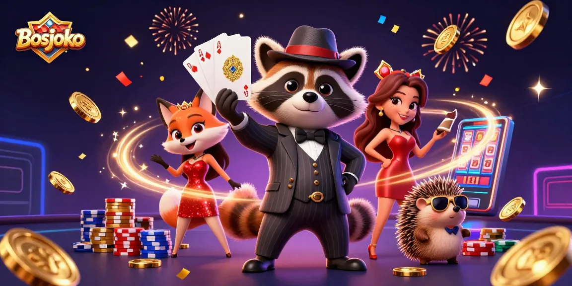 Bosjoko showcases a charming raccoon, fox, and hedgehog celebrating casino wins amid golden coins and thrills.