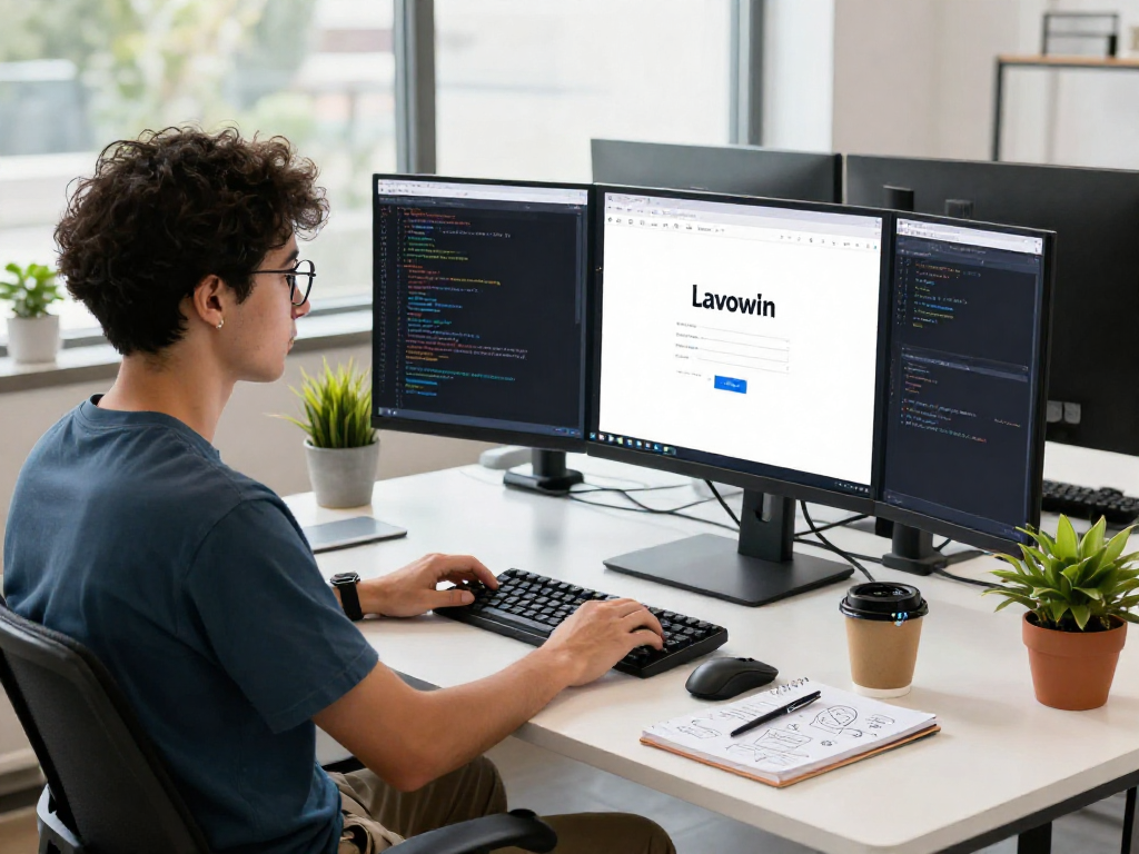 Engaging workspace scene featuring a professional focused on Lavowin login amidst tech gadgets and natural light.