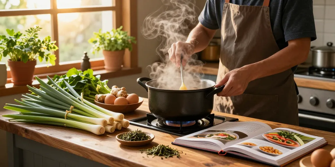 Preparing a wholesome dish with fresh ingredients like ginger and lemongrass in a cozy kitchen, ideal for สล็อตเว็บตรง enthusiasts seeking healthy meal inspiration.