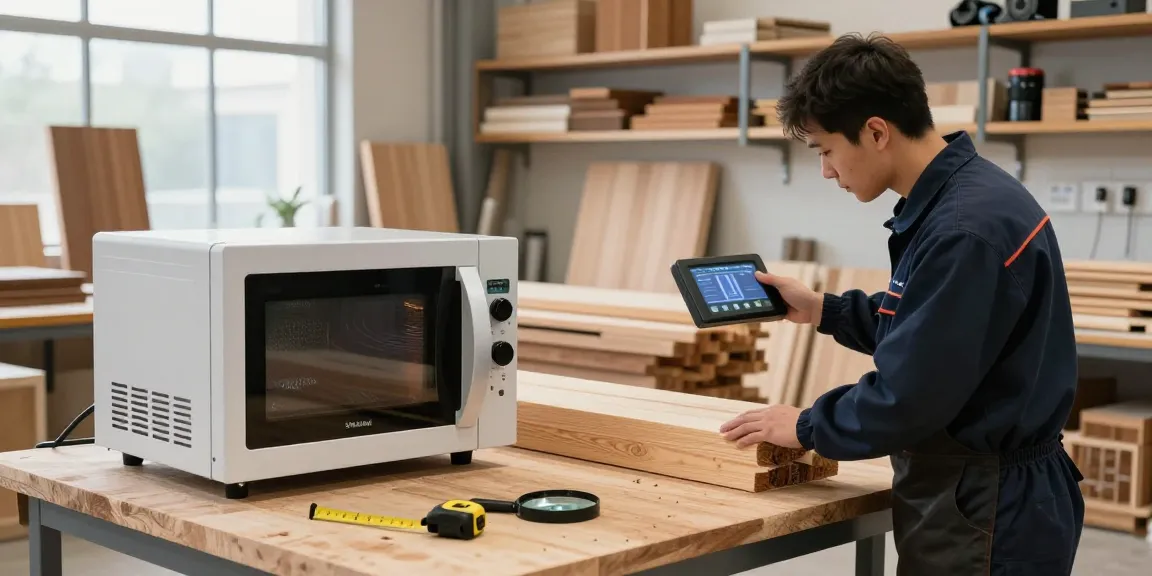 Shashel technician using microwave device to treat wood for pests in a bright workshop.