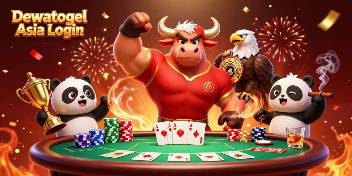 Dewatogel Asia Login celebrates with a victorious bull, eagle, and panda around poker elements in a festive casino scene.