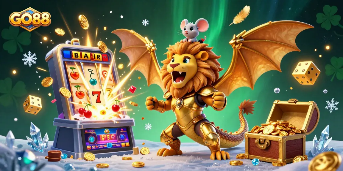 Spin the GO88 slots for riches with vibrant jackpots and dynamic casino elements surrounding a triumphant chimera.