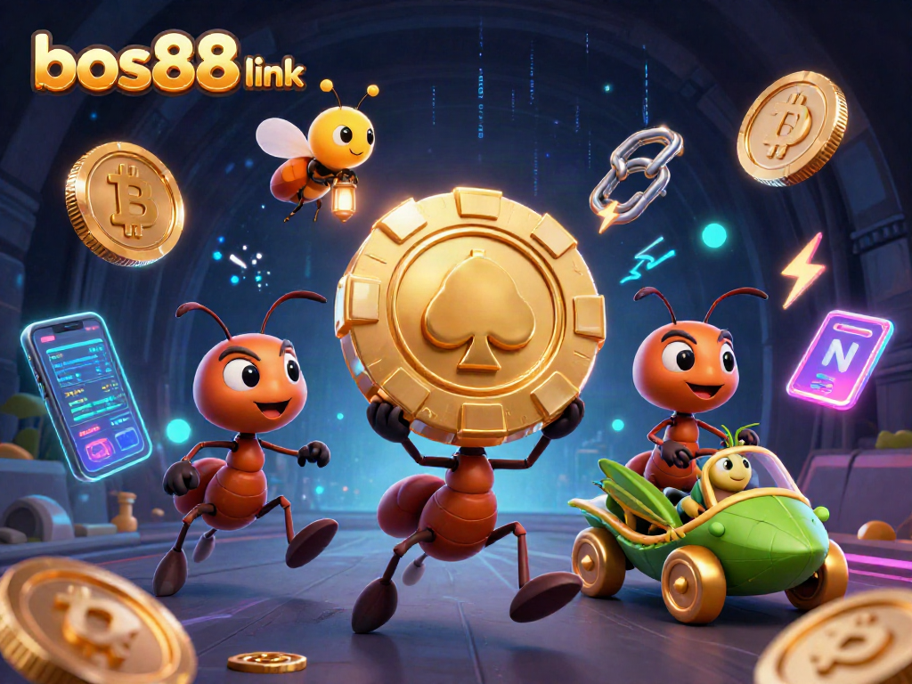 Ant-team beraksi membawa chip poker emas di bos88 link sambil berpetualang di dunia kasino.