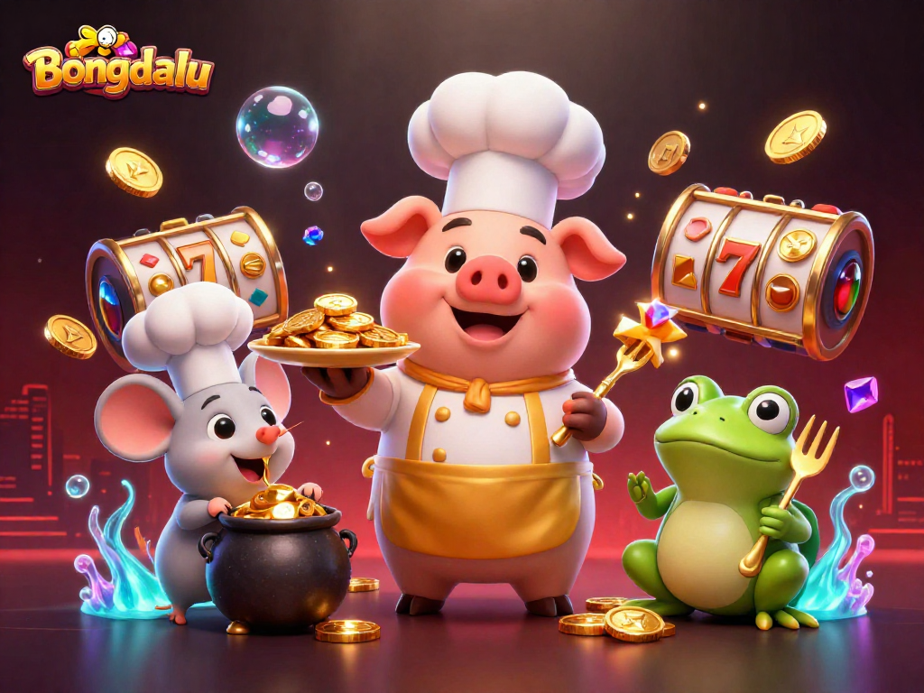 Bongdalu chefs serve golden coins amidst floating slot reels and colorful gems in a vibrant casino scene.