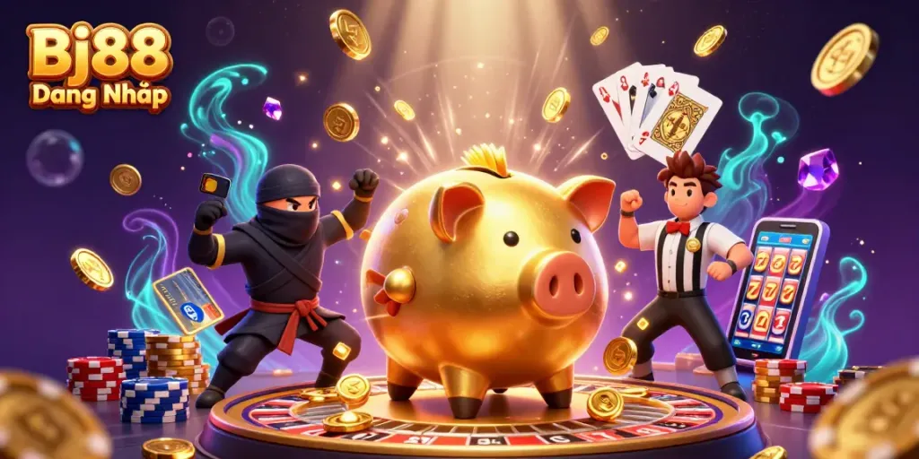 Bj88 Đăng Nhập showcases vibrant casino action with a piggy bank sumo wrestler, winning coins, and dynamic game elements.