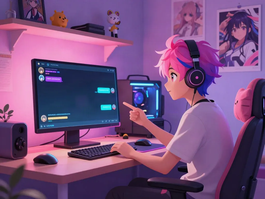 Engaging hentai AI chat scene featuring an anime character in a cozy digital room.