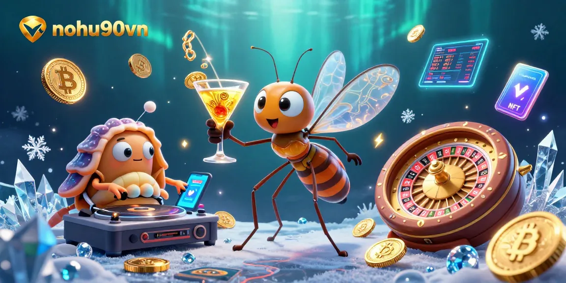 Nohu90vn brings casino gaming to life with a vibrant 3D illustration of a mosquito mascot and a trilobite DJ.