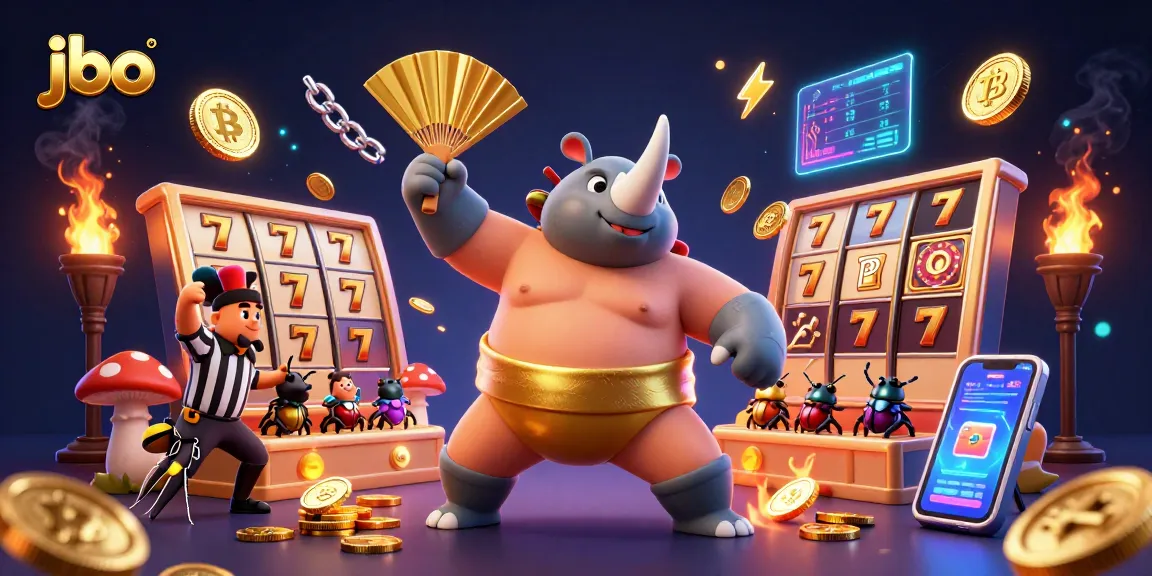 Experience thrilling gameplay at jbo with a sumo beetle champion showcasing power and excitement in a dynamic casino scene.