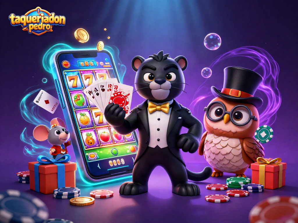 Experience the thrill of taqueriadonpedro with a stylish panther dealing cards in a vibrant casino scene.