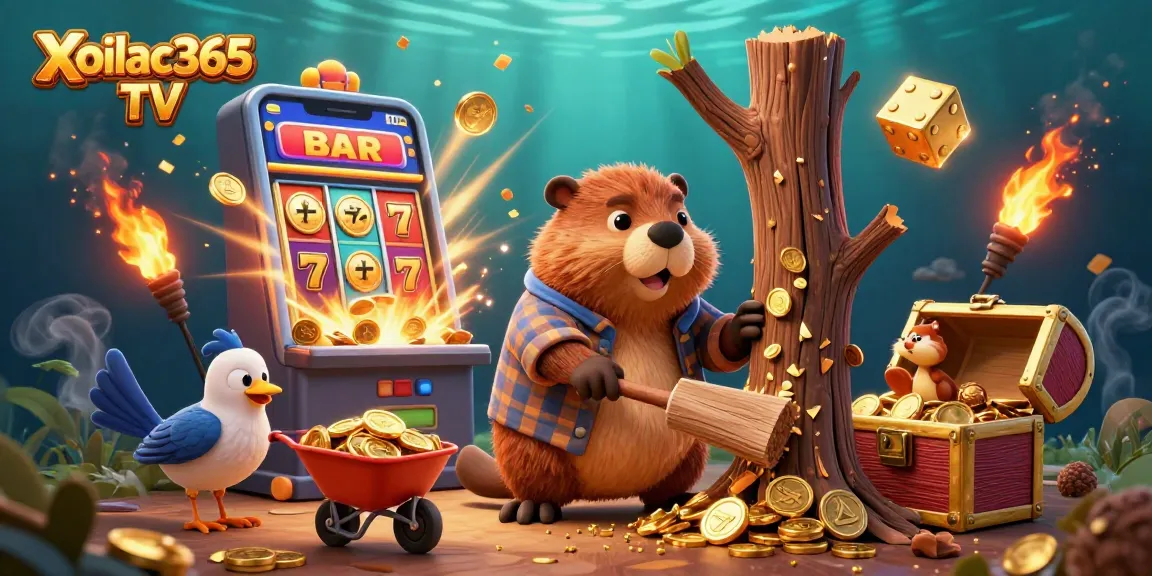 Xoilac365 TV showcases a vibrant casino scene with cartoon characters celebrating jackpot wins and colorful slot machines.
