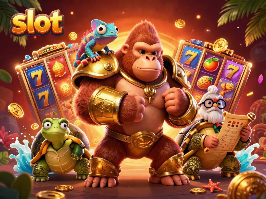 Experience thrilling slot victories with a powerful gorilla king, chameleon spy, and wise tortoise amidst slot reels and jackpot excitement.