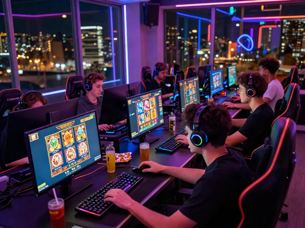 Gamers engaging with the rokok88 slot in a vibrant gaming room with high-tech devices.