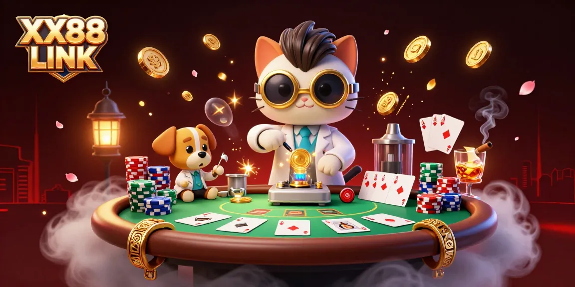 Engage in dynamic gambling action with XX88 LINK at a lively 3D casino scene filled with poker elements.