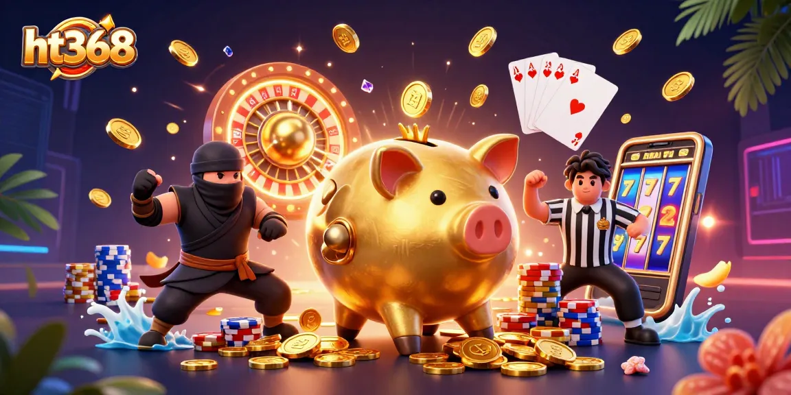 ht368 players enjoy thrilling gaming action with dazzling coins and prizes in a vibrant casino scene