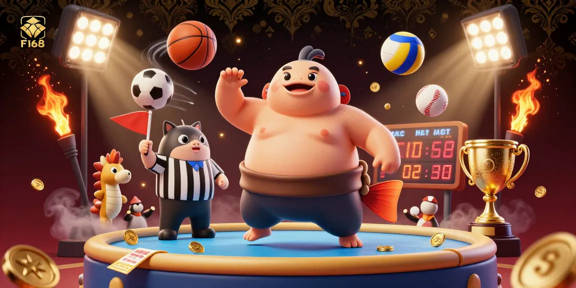Experience thrilling action at F168 with a dynamic underwater casino scene featuring a fugu and catfish referee.