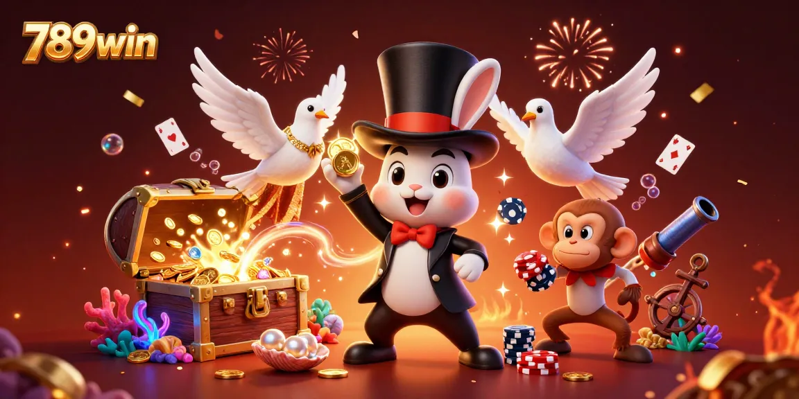 Engage with thrilling 789win casino adventures in a vibrant 3D scene featuring magic and poker action.