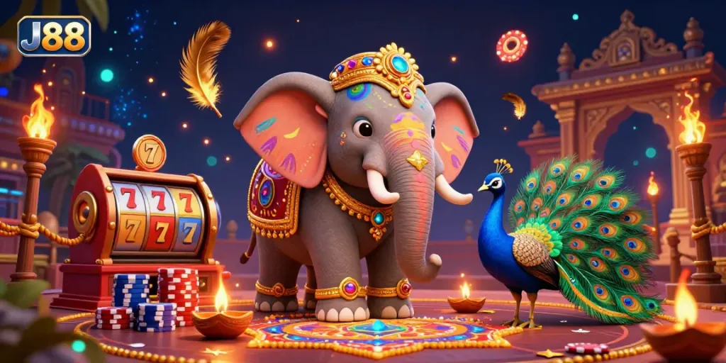 Experience the excitement of J88 slots with vibrant visuals of a Diwali-themed elephant and vibrant casino elements.