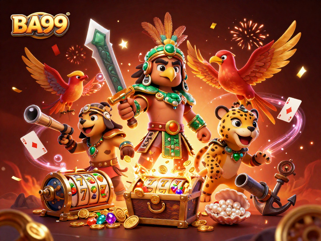 Experience exciting gaming at BA99 with a dynamic illustration showcasing Aztec warriors, gold treasures, and vibrant casino elements.