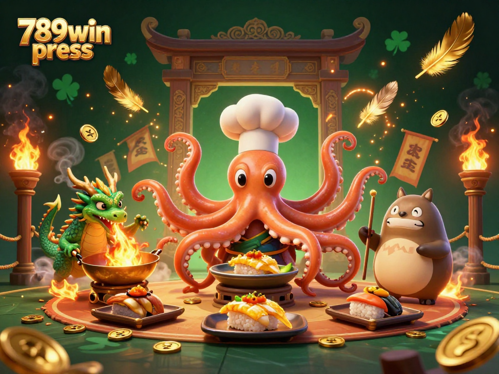 Experience the thrill of gaming with 789win press in a vibrant, dynamic 3D casino illustration featuring a sushi chef octopus.
