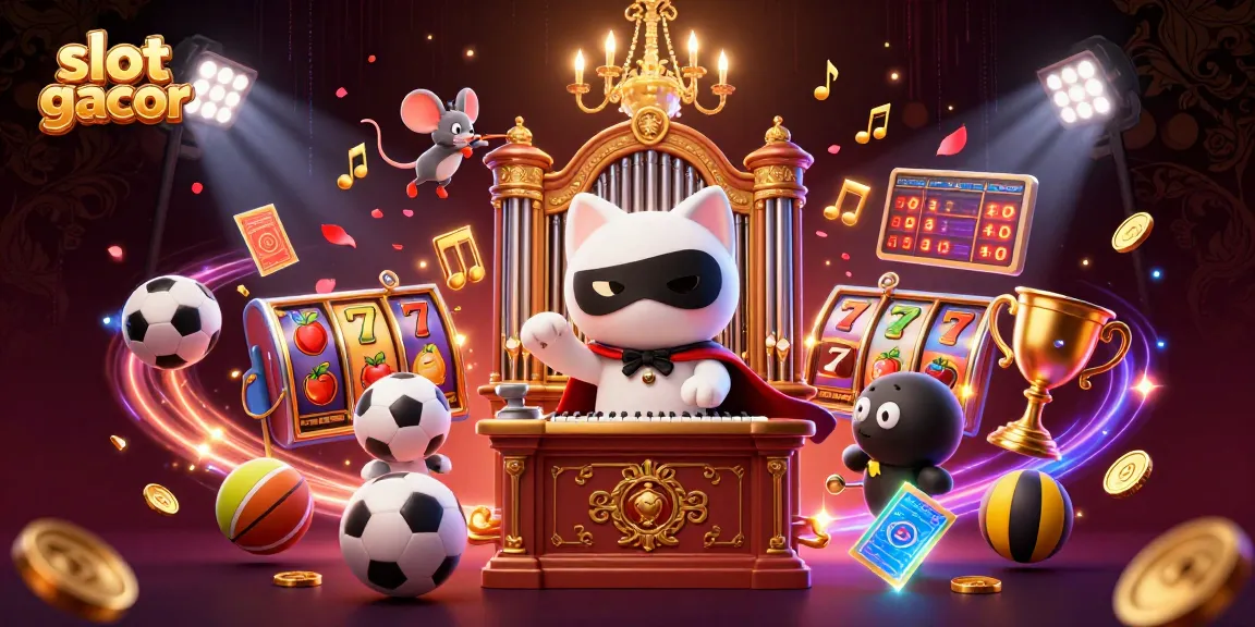Permainan slot gacor menampilkan kucing hantu dengan catatan emas, bola olahraga, dan elemen kasino.