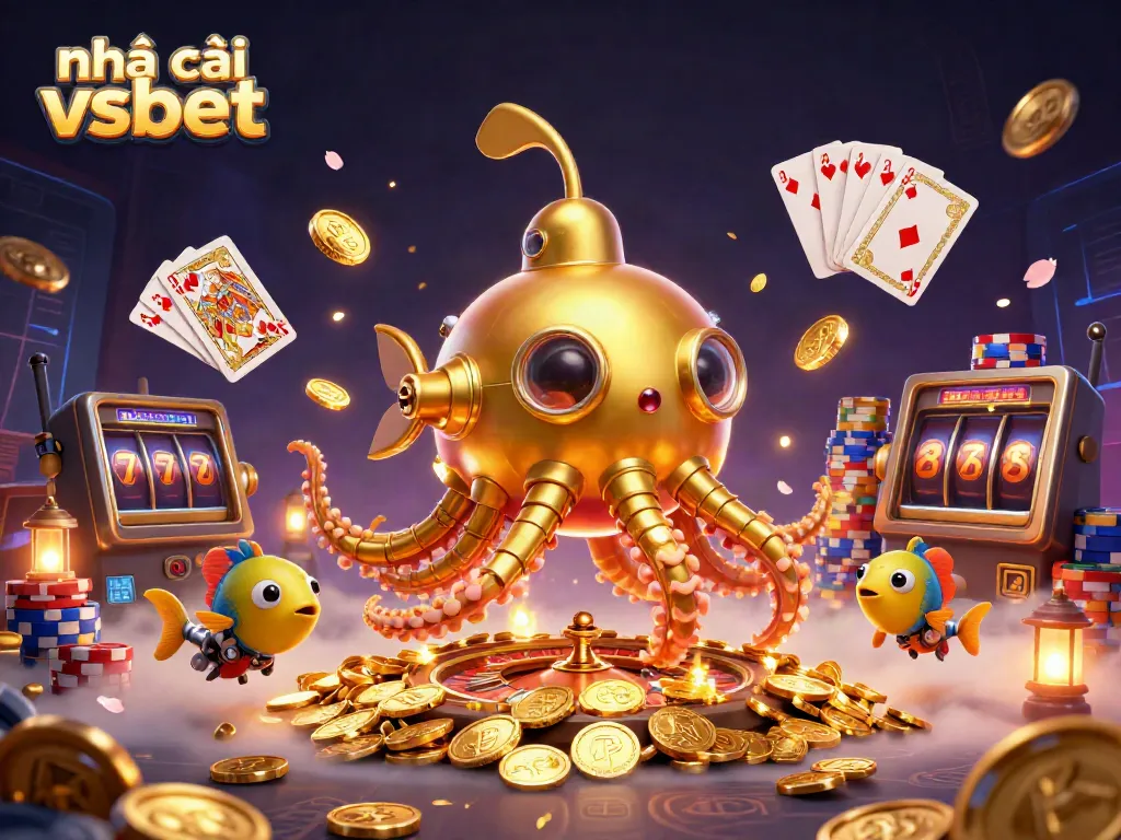 Engage with the excitement of nhà cái vsbet featuring a golden kraken submarine and dynamic casino elements.