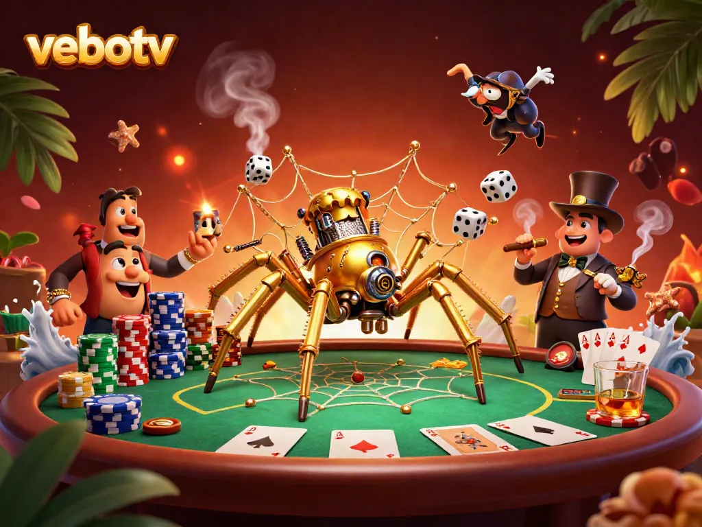 Engage with vebotv's immersive casino experience featuring a steampunk golden spider and poker elements.