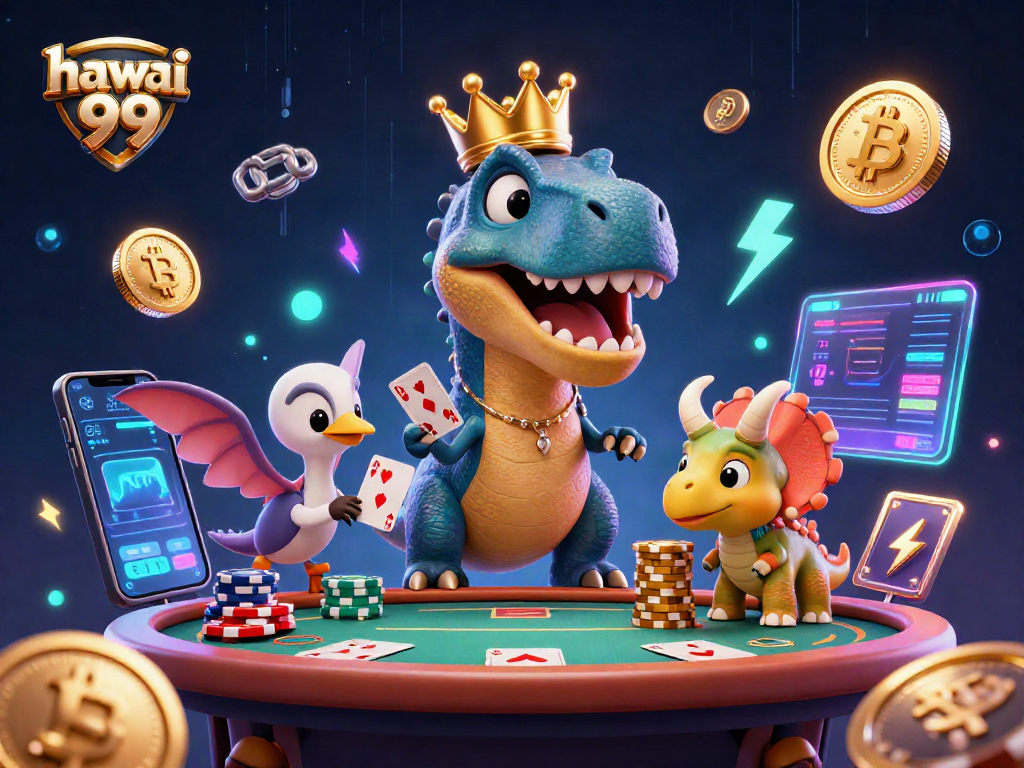 Experience thrilling gameplay with hawai 99 featuring fun dinosaur characters and crypto-themed décor!
