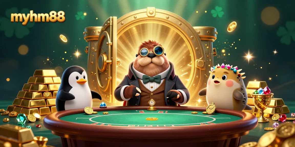 Engage in thrilling action at myhm88 with jolly walrus playing poker amidst golden treasures.