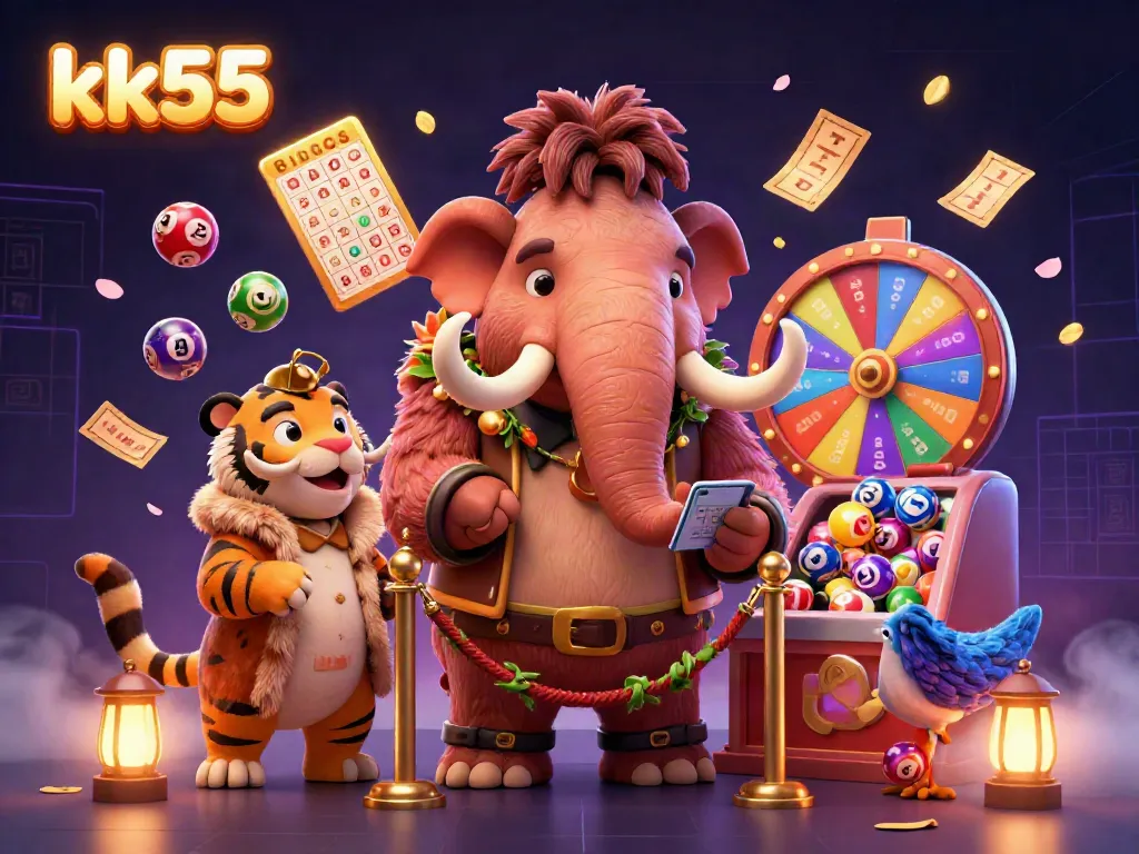 Engage with the vibrant fun of kk55 in this dynamic casino scene featuring colorful elements and charming characters.