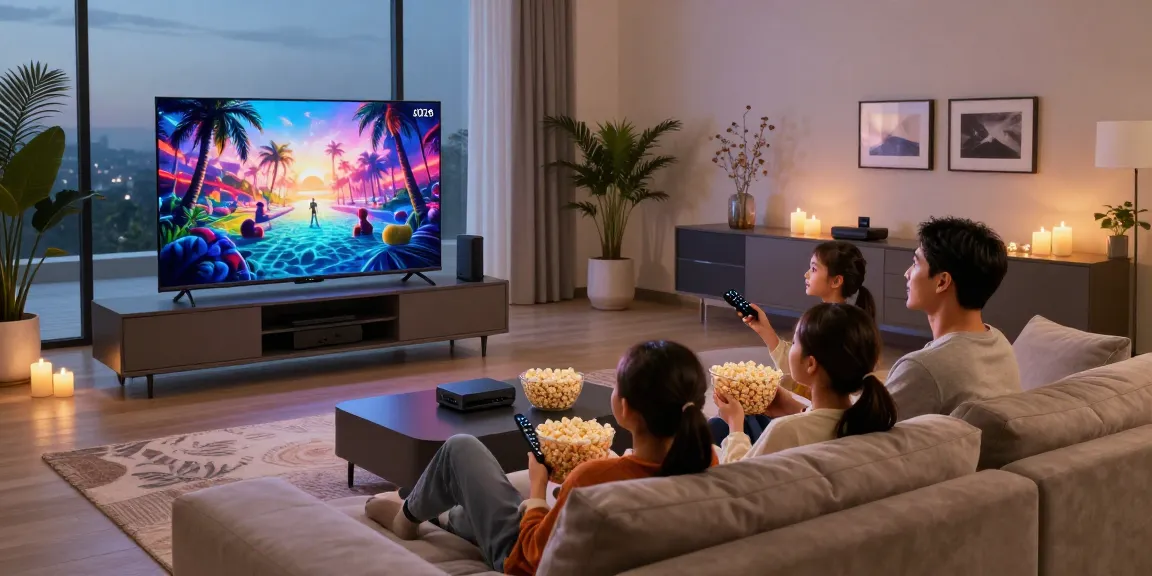 Smart TV 2026 in a cozy living room with family enjoying movie night.