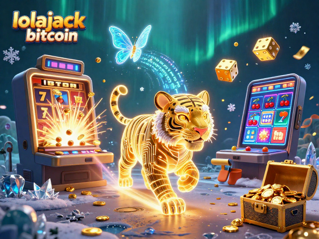 Engage with lolajack bitcoin in this vibrant casino scene featuring a golden tiger and slot jackpots.
