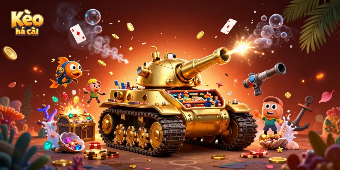 Kèo nhà cái offers a thrilling experience with its vibrant casino in a golden beetle tank, surrounded by treasure and playing cards.