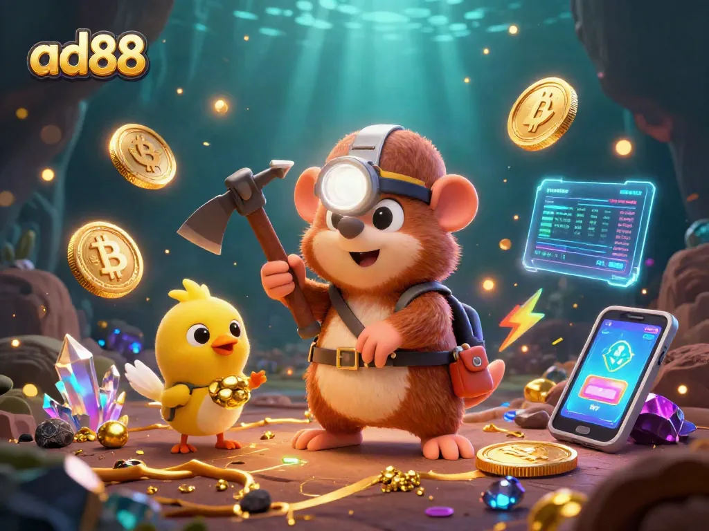 ad88 treasure hunter mole explores a cave of riches featuring Bitcoin and Ethereum coins.