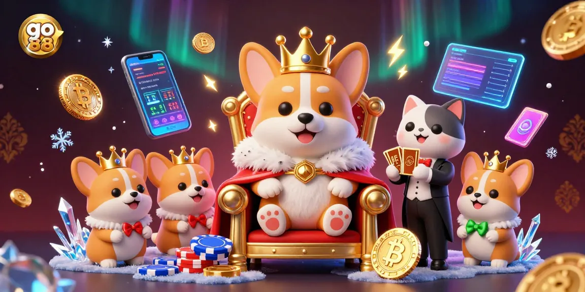 Get ready to win big with go 88, a royal corgi on a poker chip throne showcases a dazzling casino scene.