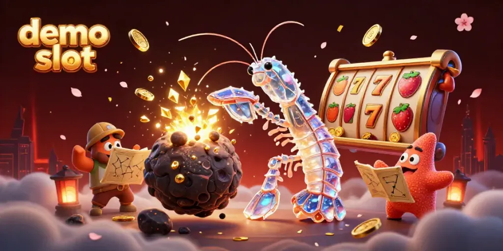 Demo slot yang menarik dengan mesin slot dan karakter kartun di luar angkasa melawan asteroid.