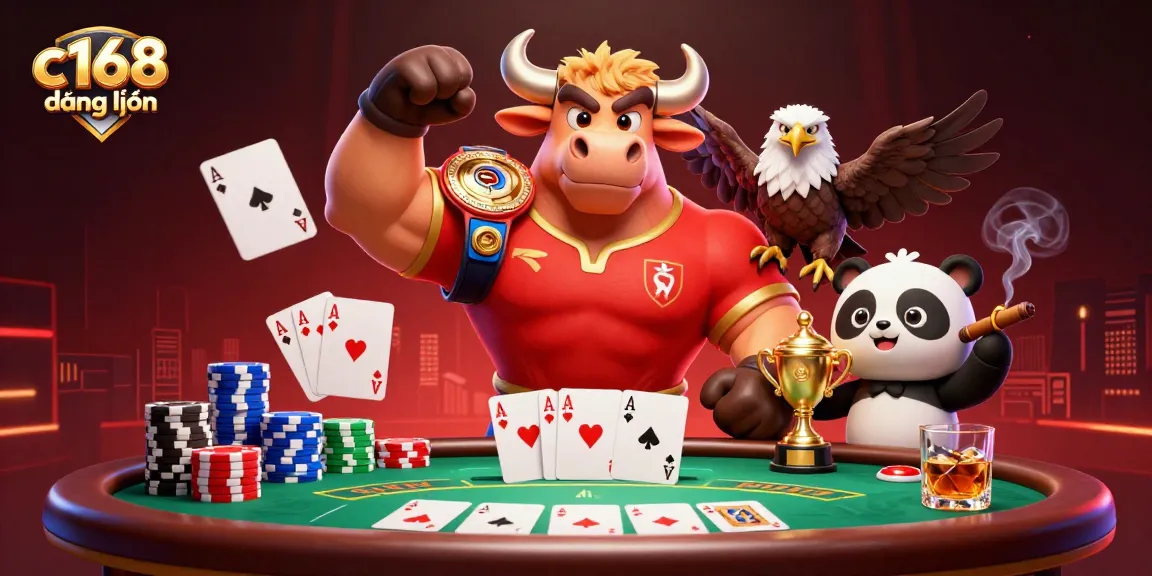 Engaging scene of c168 đăng nhập with a bull, eagle, and panda at a poker table, showcasing excitement.
