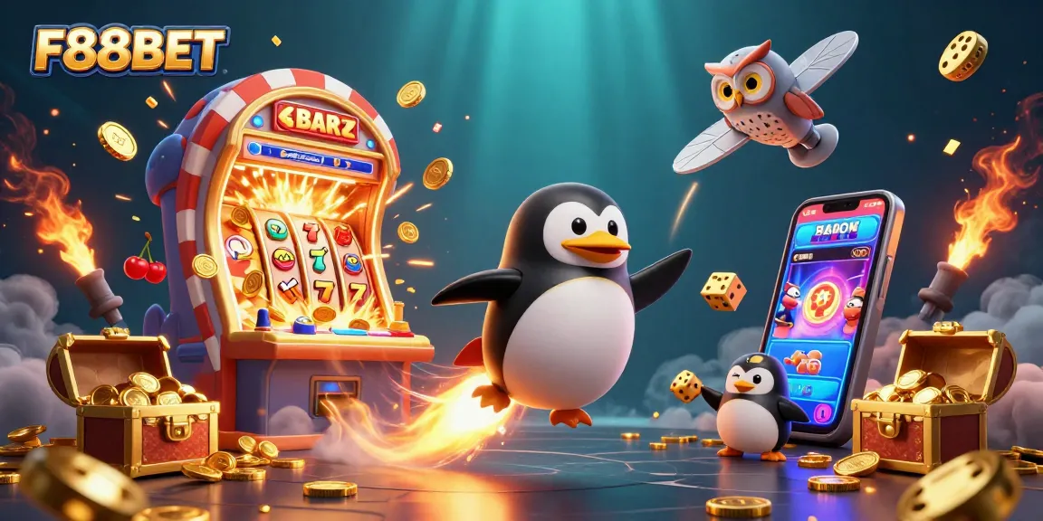 Engage with F88BET’s thrilling casino experience featuring a rocket-powered golden penguin amidst jackpot excitement.