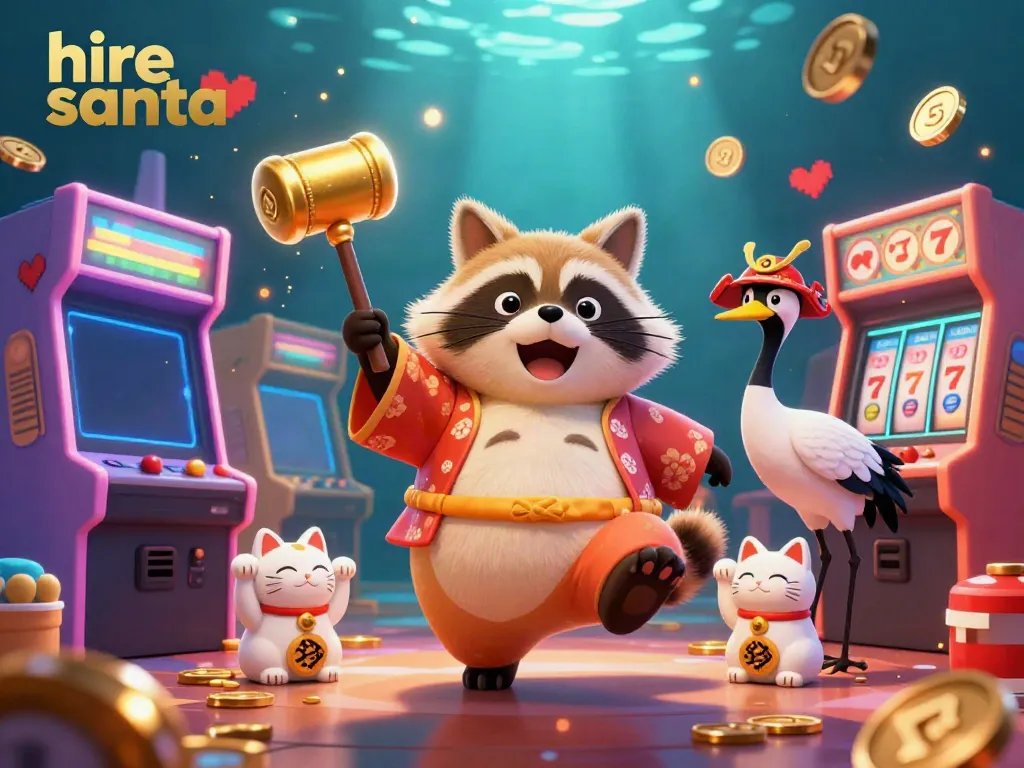 Engage in festive fun by hiring Santa with this vibrant casino-themed illustration filled with animated characters and games.
