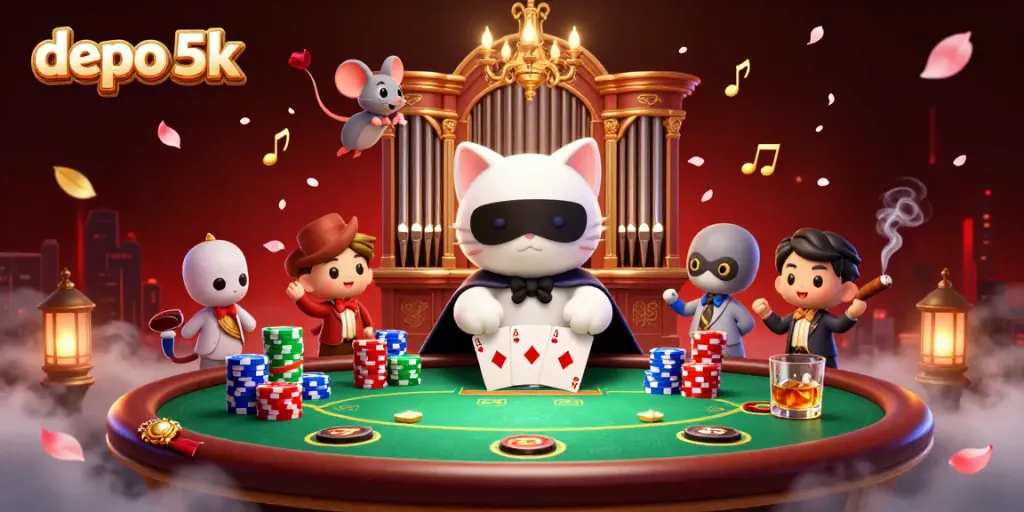 Experience excitement at depo 5k with a whimsical casino scene featuring a classy cat organist, poker chips, and winning cards.