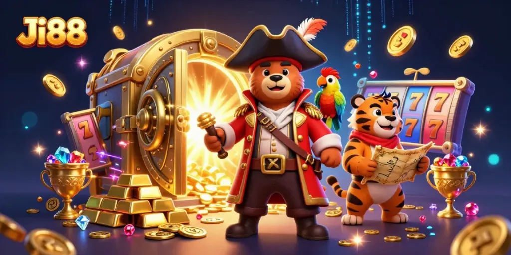 Ji88 pirate captain bear and tiger with slot elements illuminate fortune in a dazzling casino scene.