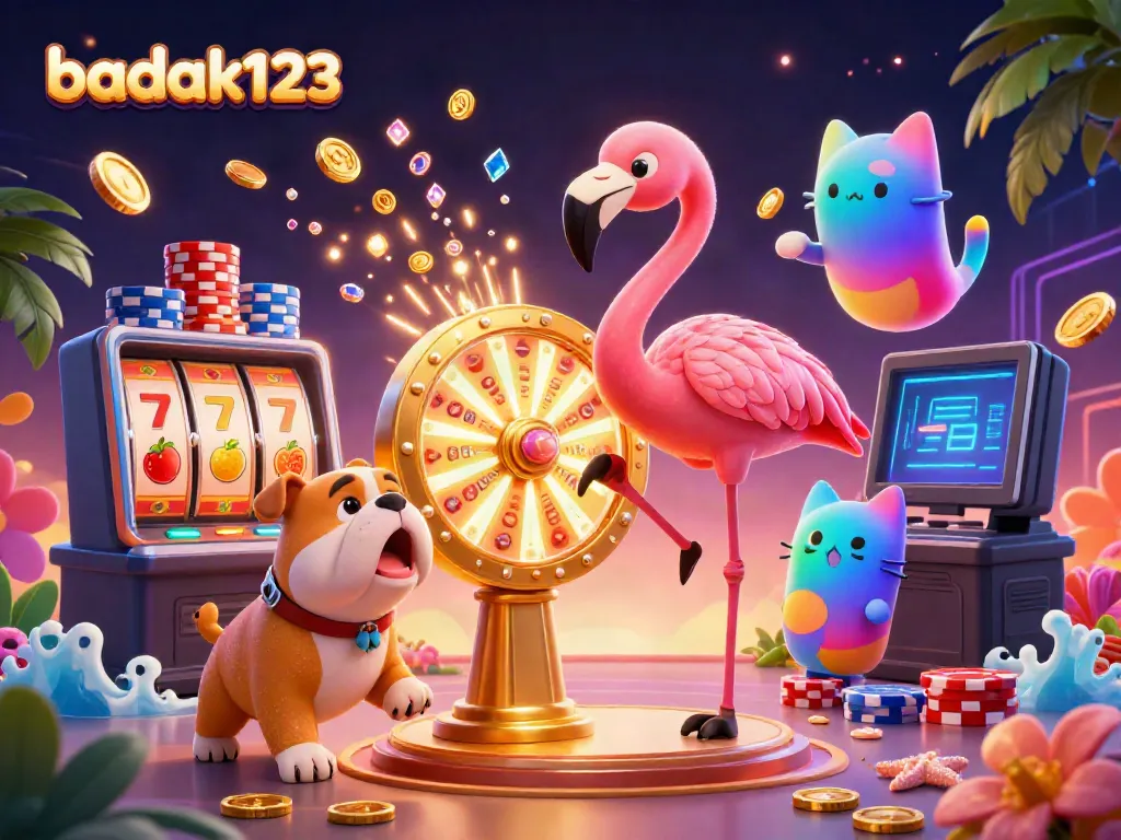 Permainan slot gacor dari BADAK123 dengan berbagai elemen kasino dalam ilustrasi 3D yang bersemangat.