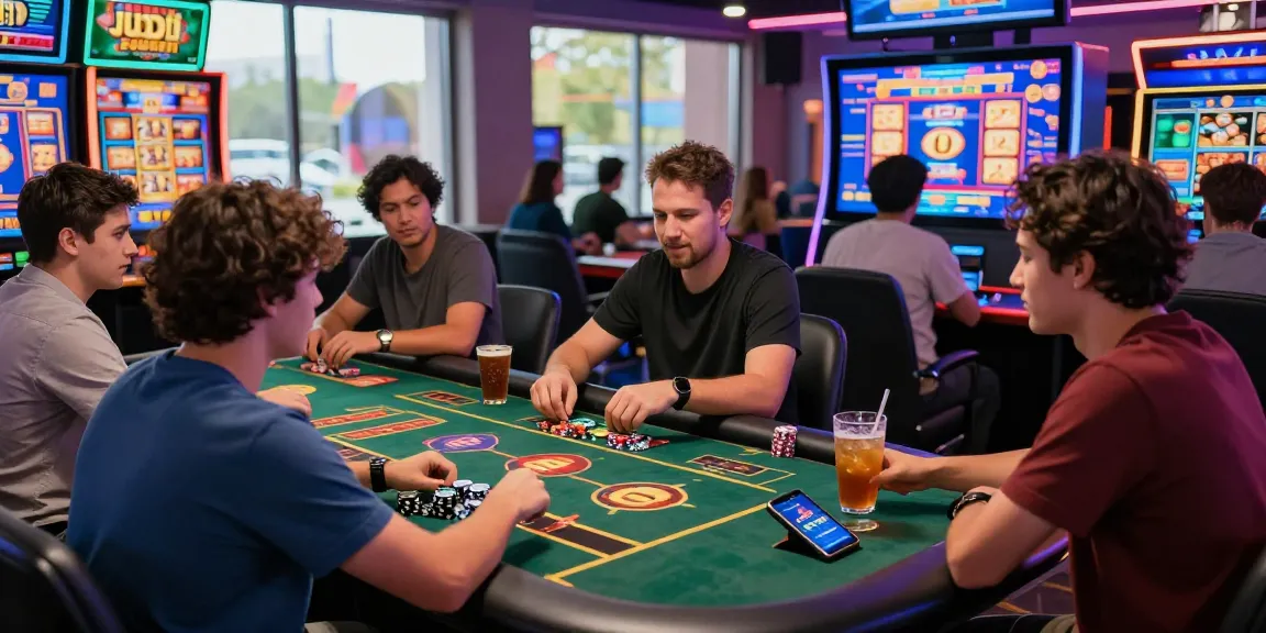 Engaged players enjoying judi slot in an exciting online casino environment with colorful lights and digital displays.
