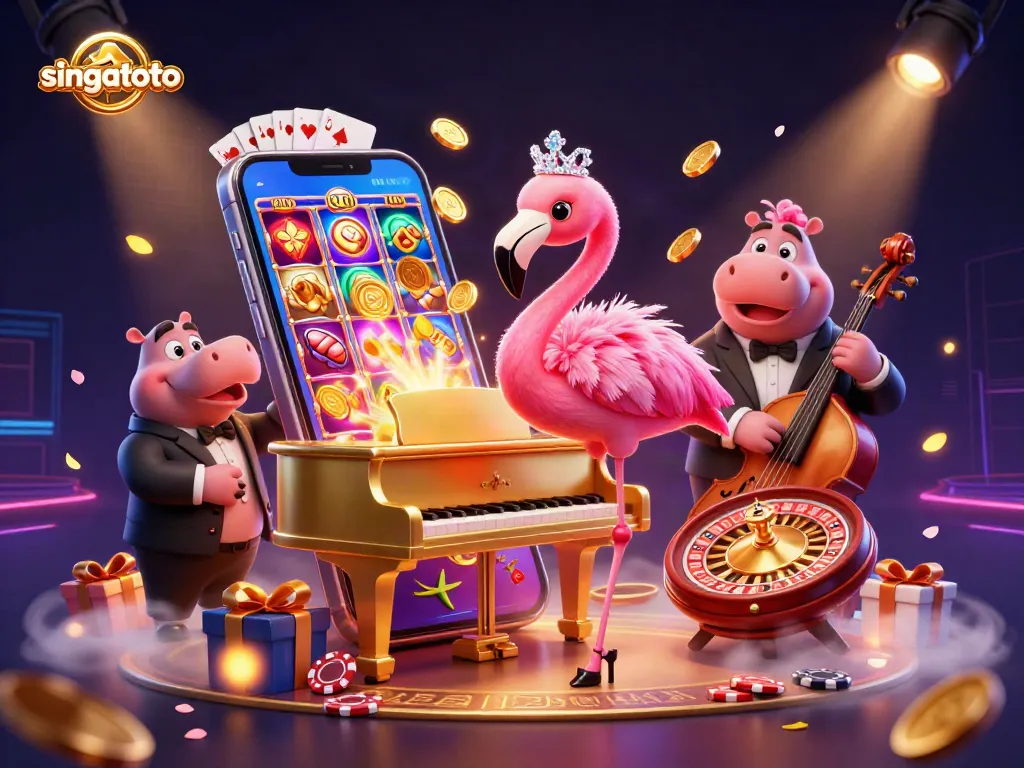 Experience singatoto's vibrant casino scene with a flamingo singer and hippo bassist amidst dynamic games.