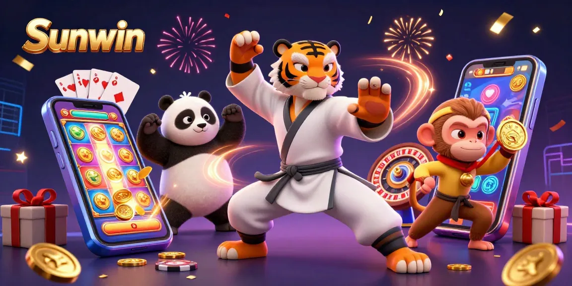 Play exciting games like slots and roulette at Sunwin, amidst festive celebration and dynamic illustrations.