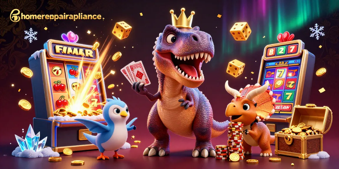 Spin to win with homerepairappliance's colorful casino scene featuring charming dinosaur characters!