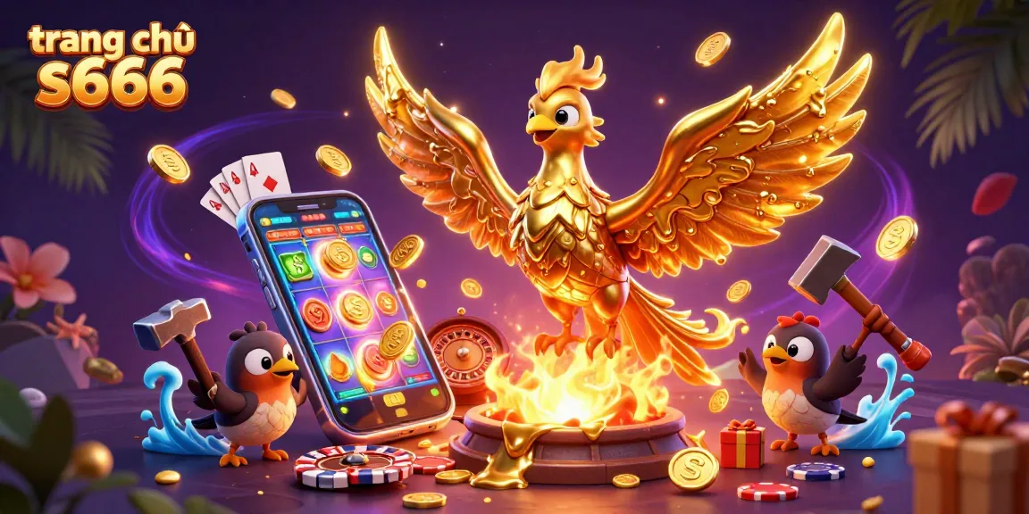 Play exciting games at trang chủ s666, featuring a stunning phoenix and a dynamic casino-themed scene.