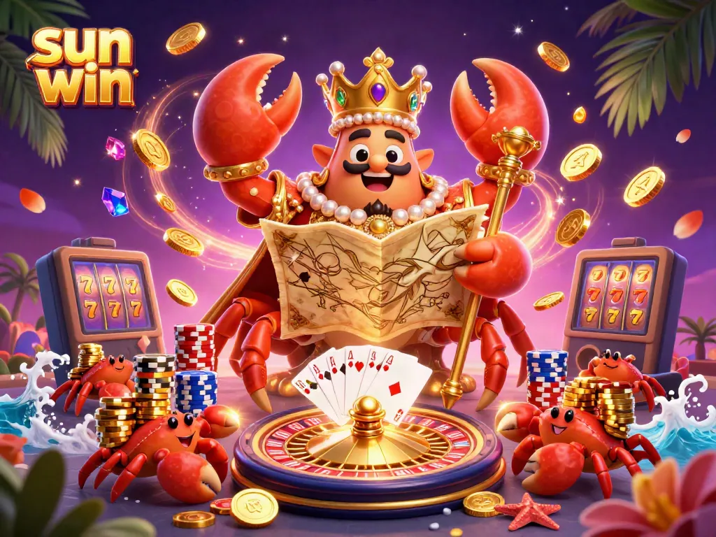 Engage with the sun win casino experience featuring a golden crab emperor amidst dynamic gaming elements, showcasing rich casino offerings.