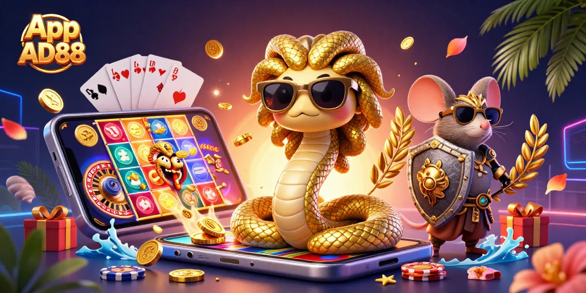 Engage with the App AD88 to explore a vibrant scene featuring a friendly Medusa, a warrior mouse, and dynamic slot game elements.